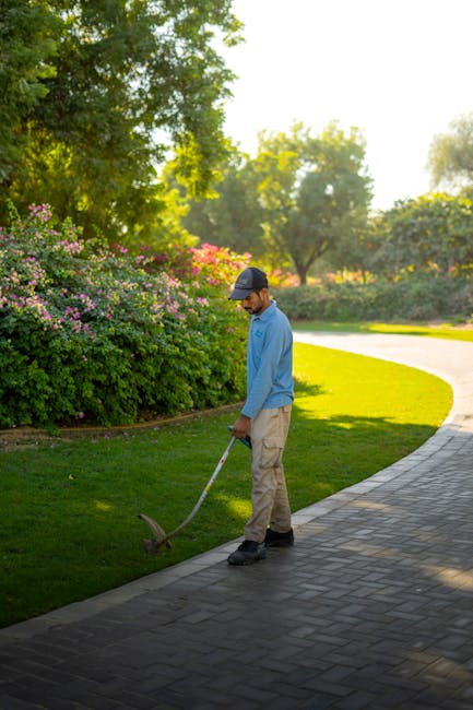 A young male gardener wearing a navy blue jumpsuit is operating a string trimmer to trim the grass along the edge of a garden bed. The garden features a neatly maintained lawn with lush, green grass, 
